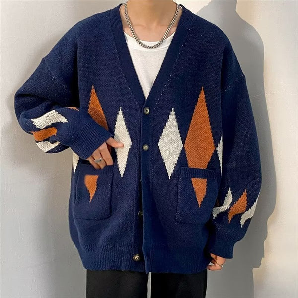 Retro Diamond Lattice Cardigan Sweater Lazy High-grade Men's Coat