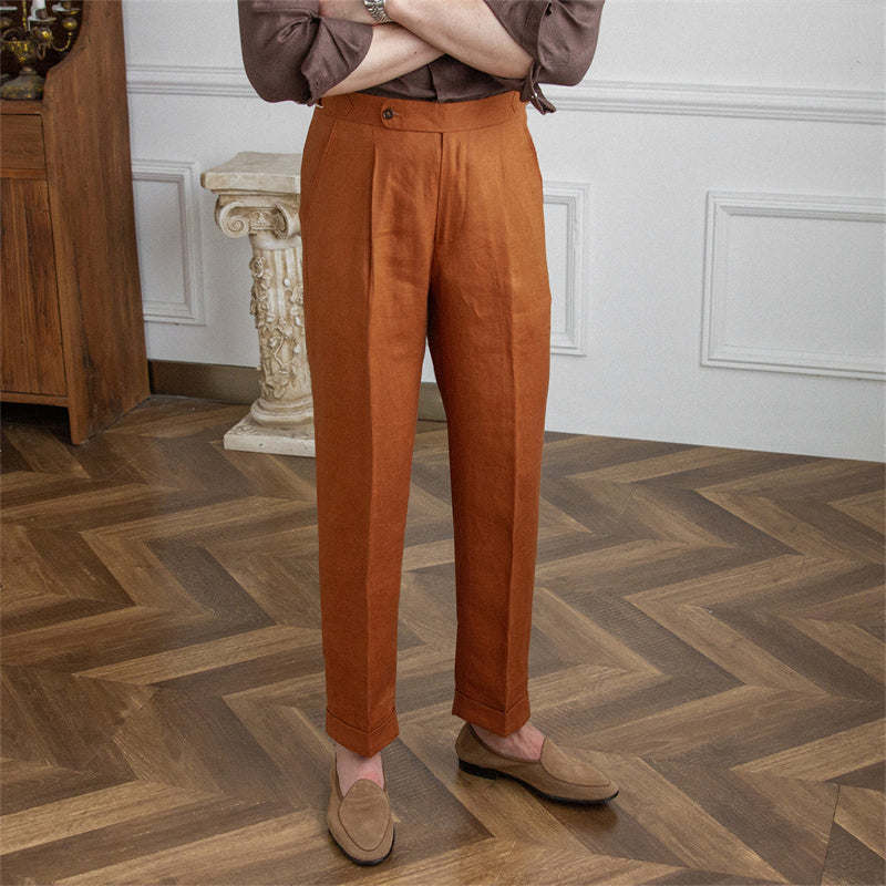 Men's Linen Straight Leg Pants High Waist Trousers