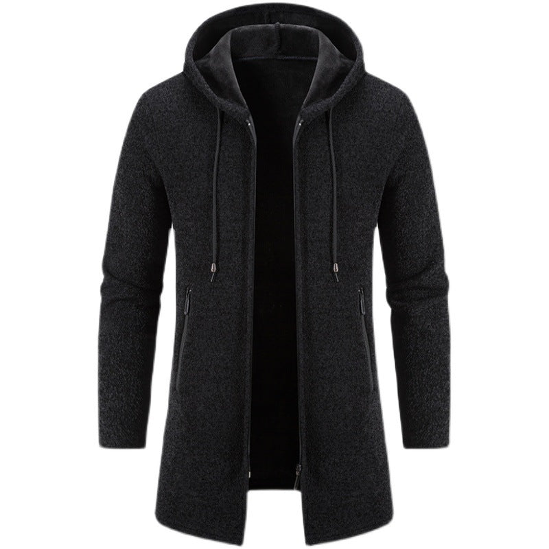 Autumn And Winter Fleece-lined Thickening Solid Color Men's Cardigan Mid-length Hooded Jacket