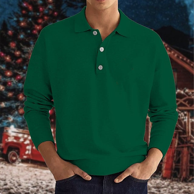 Long Sleeve V-neck Button up Men's Casual Top Polo Shirt