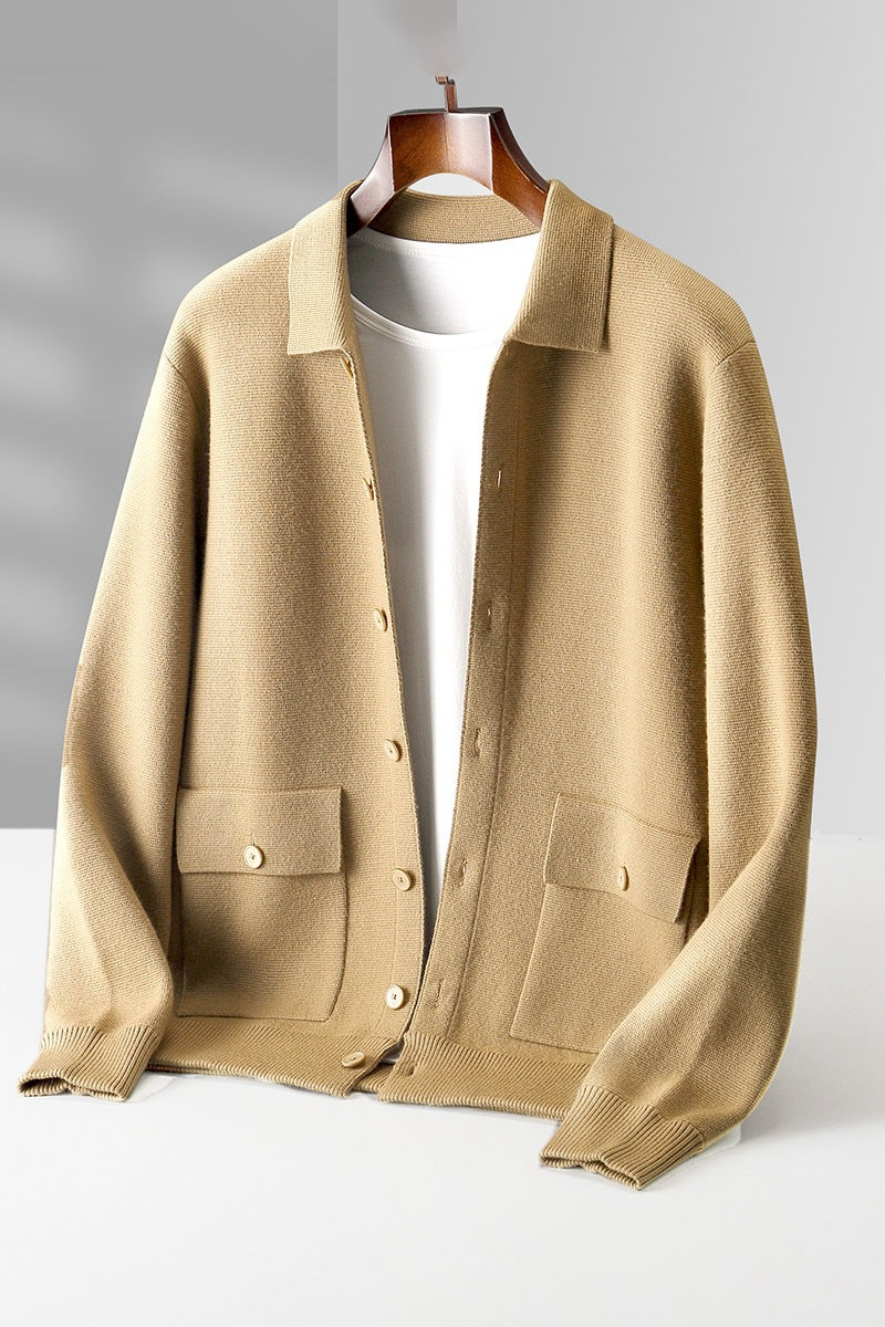 Men's Polo Collar Solid Color Wool Cardigan Winter Coat