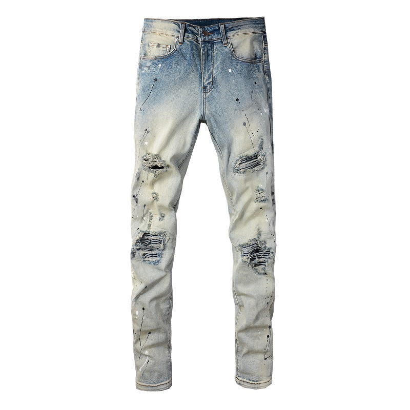 Light Colored Paint Splashing Old Washed Jeans For Men