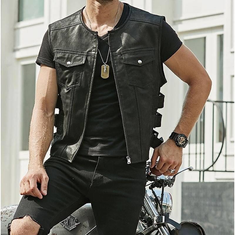 Men's Single-breasted leather Waistcoat