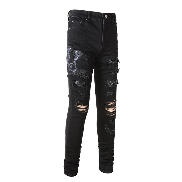 Broken Three Headed Snake Embroidery Patchwork Jeans For Men