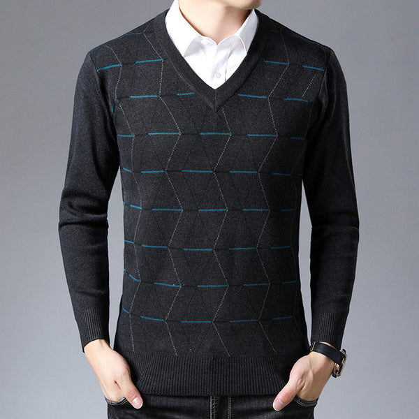 Men's V-neck Jacquard Long Sleeve Pullover Base Thick Sweater