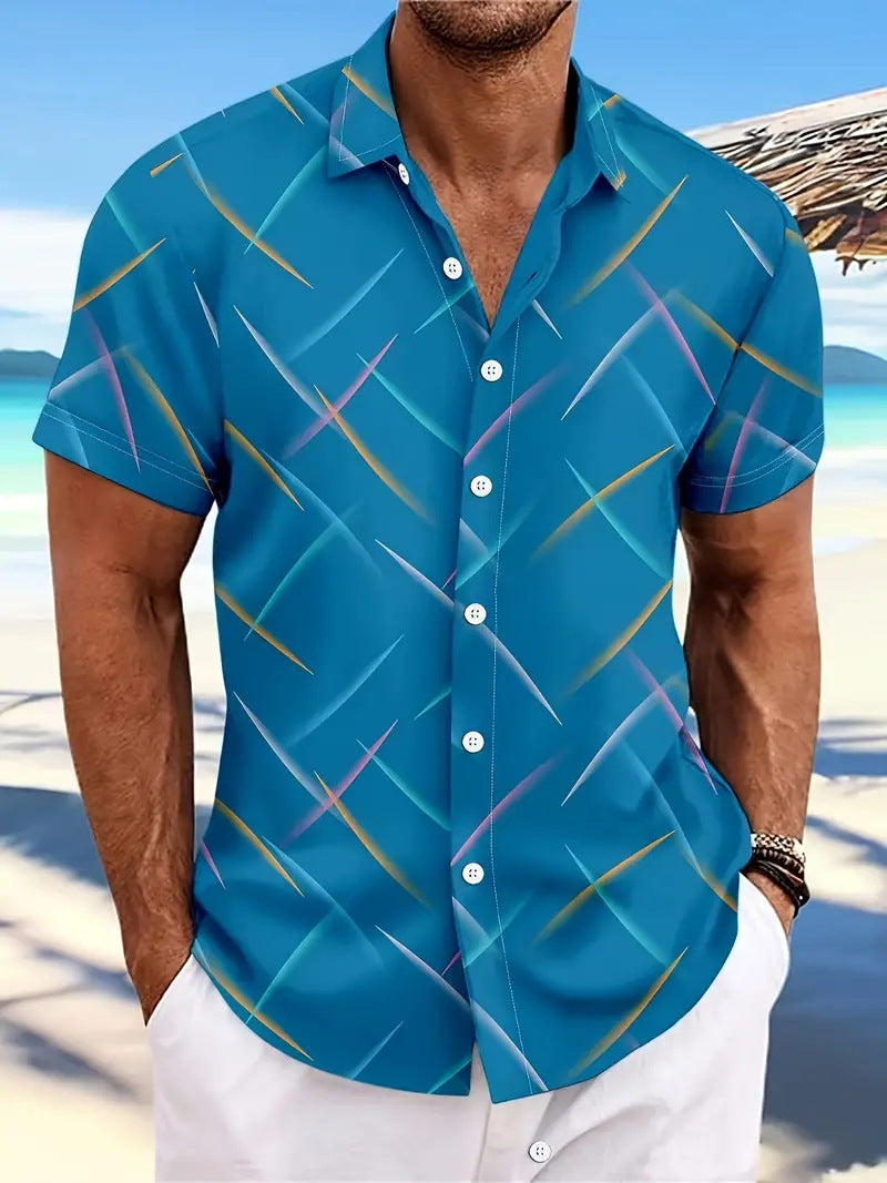 Summer Men's Striped Feather Casual Beach Short Sleeve Button Shirt