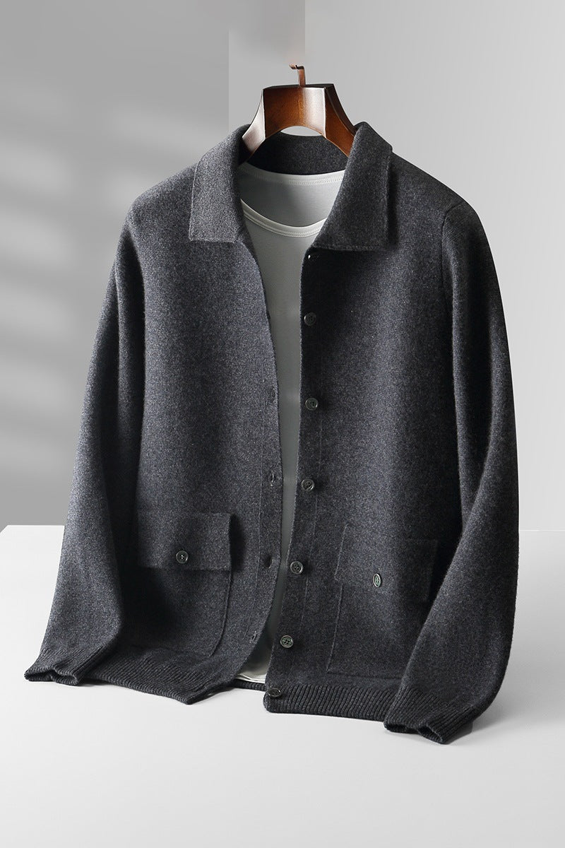 Men's Polo Collar Solid Color Wool Cardigan Winter Coat