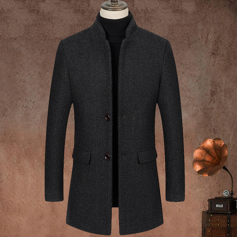 Stand Up Collar Mid Length Woolen Slim Fit trench Coat