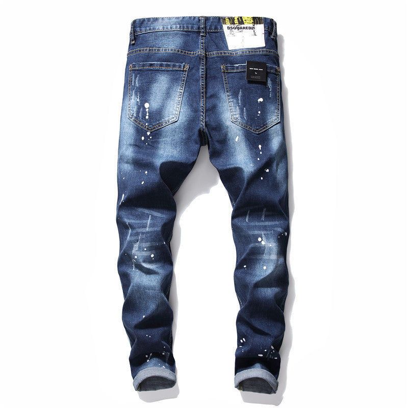 mens denim zipper blue hole Pencil Pants