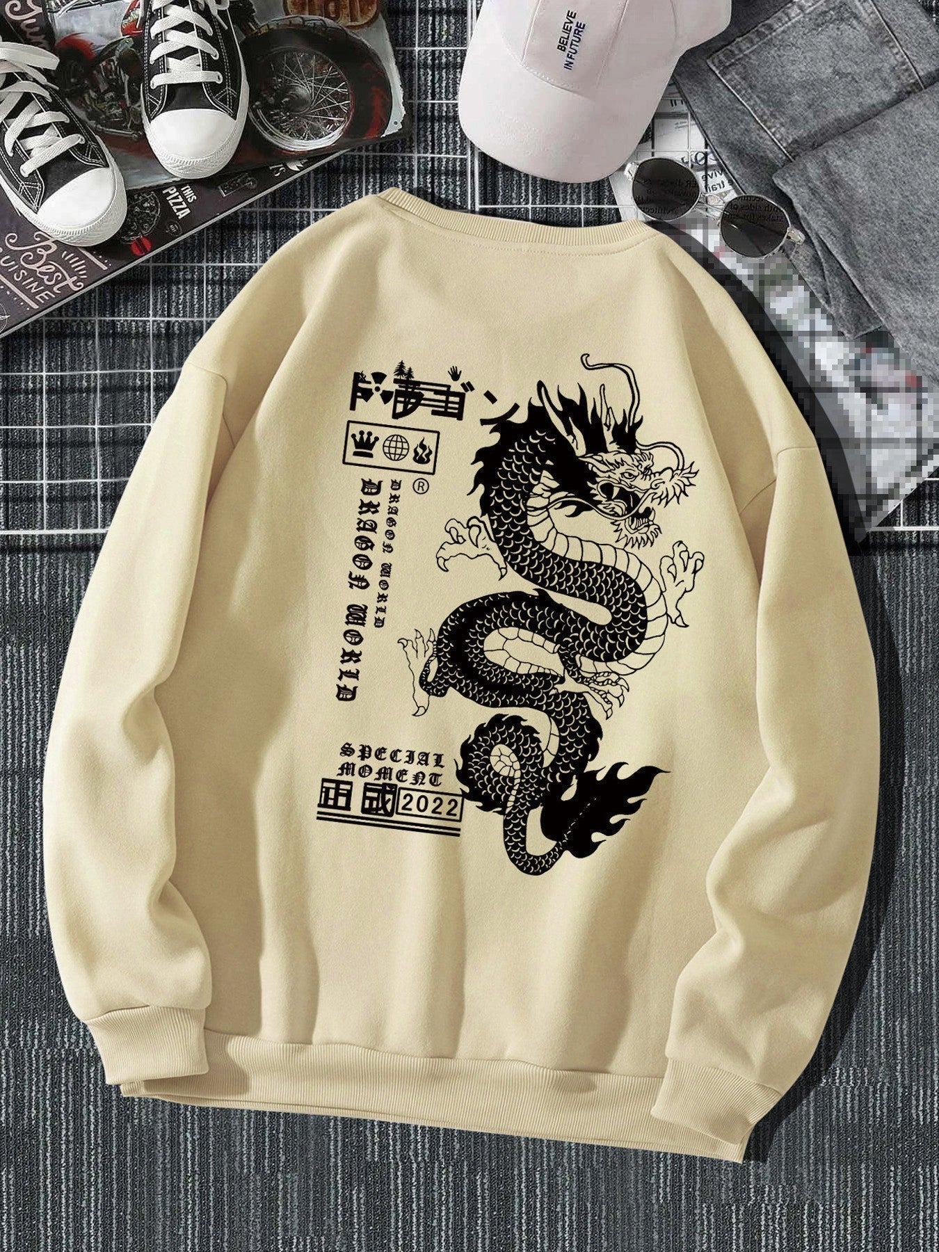 Maglione girocollo con stampa Tokyo Dragon da uomo, autunno e inverno, ampio