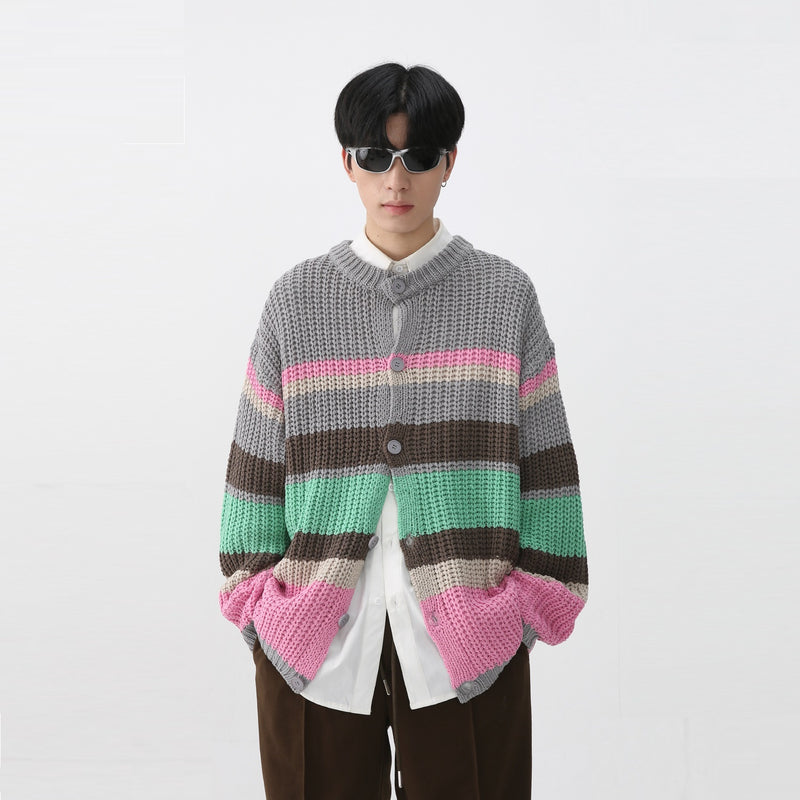 Autumn And Winter Men's Long-sleeve Cardigan Sweater Striped Coat