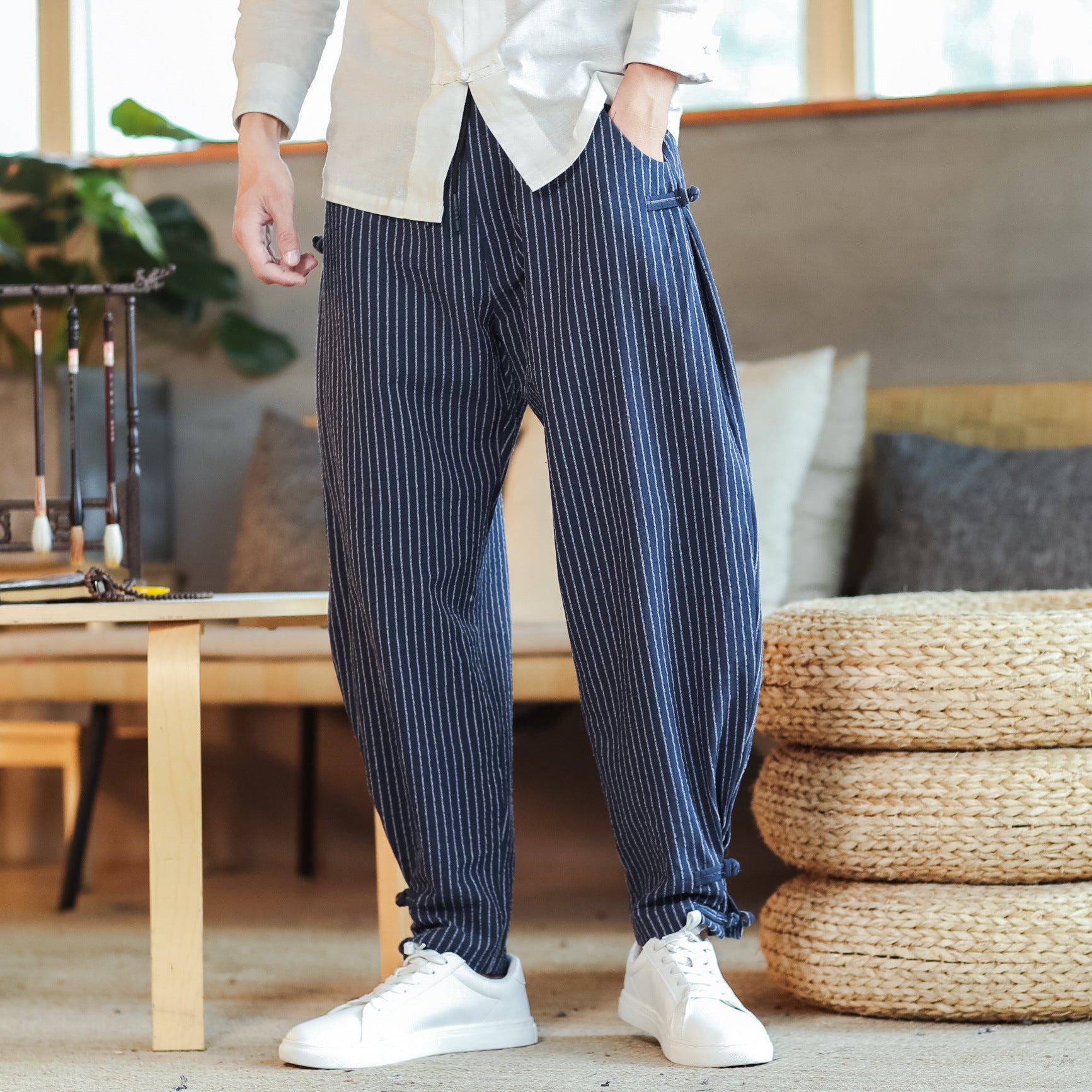 Striped Trousers Men's Disc Buckle Harem Pants