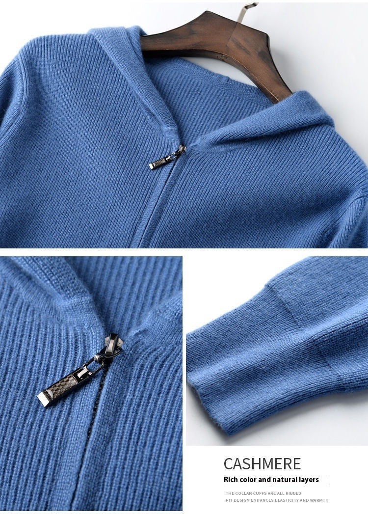 Men's Zipper Solid Color Hooded Cardigan Sweater