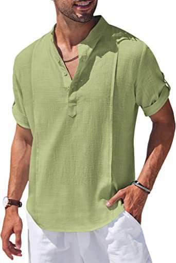 Henley Style Linen Shirt Men