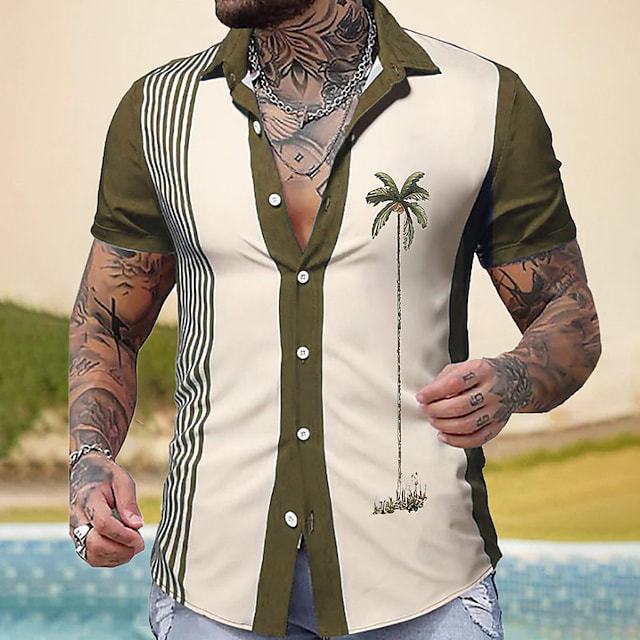 Hawaiian Palm Print Lapel Pocket Shirt