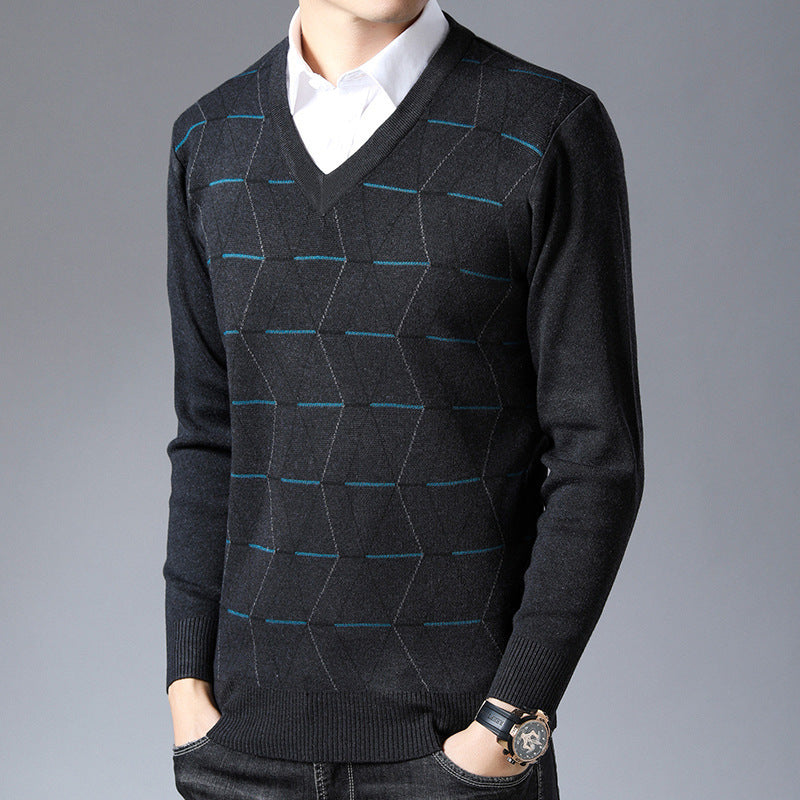 Maglione spesso da uomo a maniche lunghe in jacquard con scollo a V