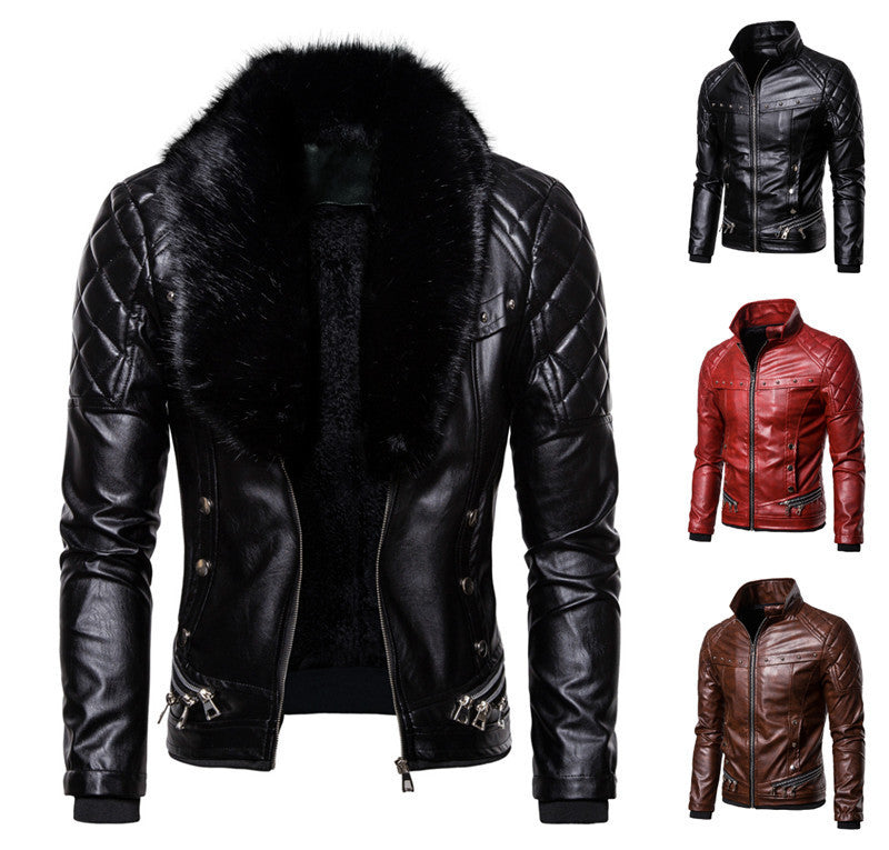 Detachable Wool Collar Rivet Windproof Locomotive Leather Jacket