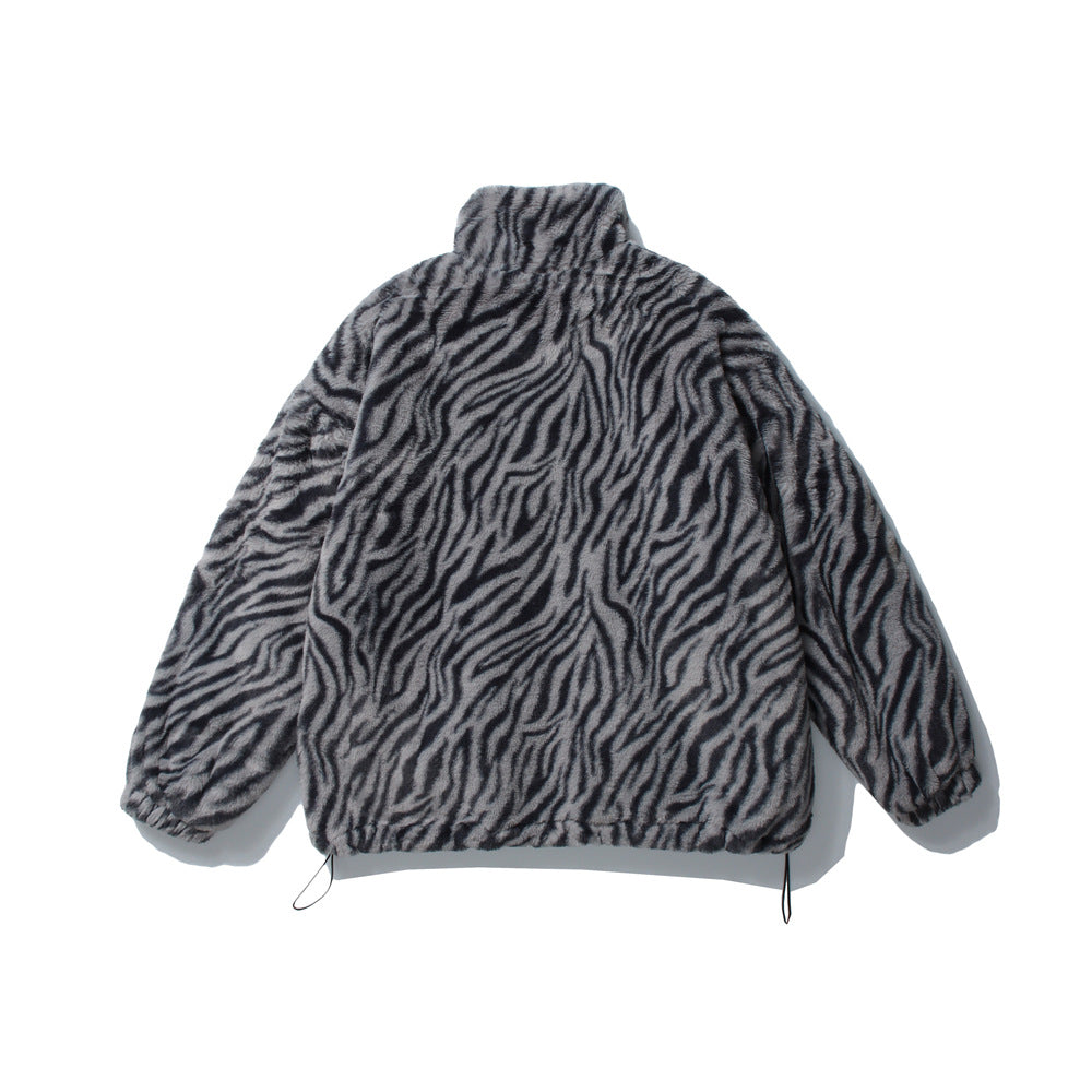 Zebra Print Stand Collar Rabbit Plush Jacket