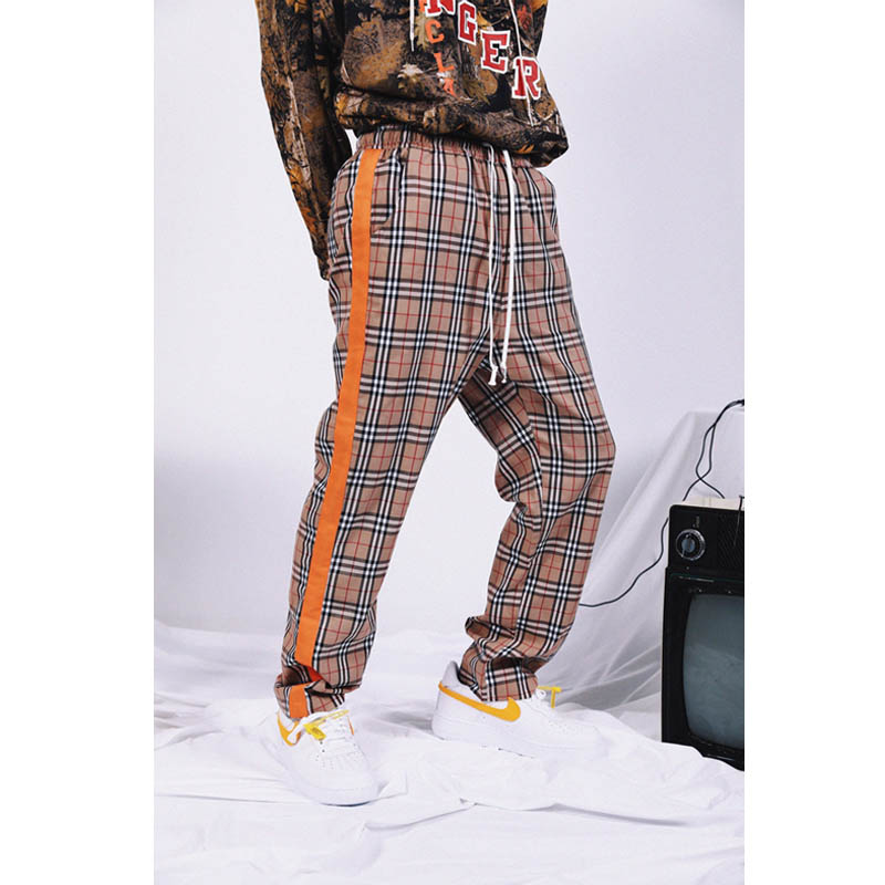 High Street Hip Hop Dance Harajuku Style Side Grid Plaid Straight Trousers