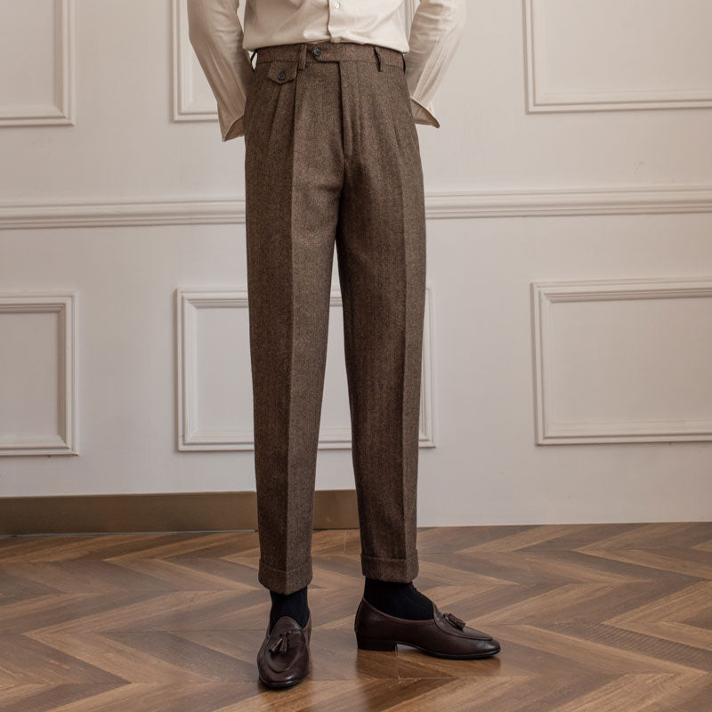 Herringbone Wool Suit Pants Men's High Waist Straight pants