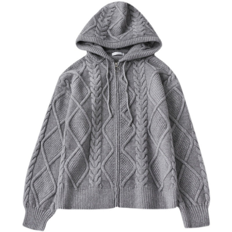 Men's Zipper Hooded Solid Color Loose Rhombus Plaid Coat