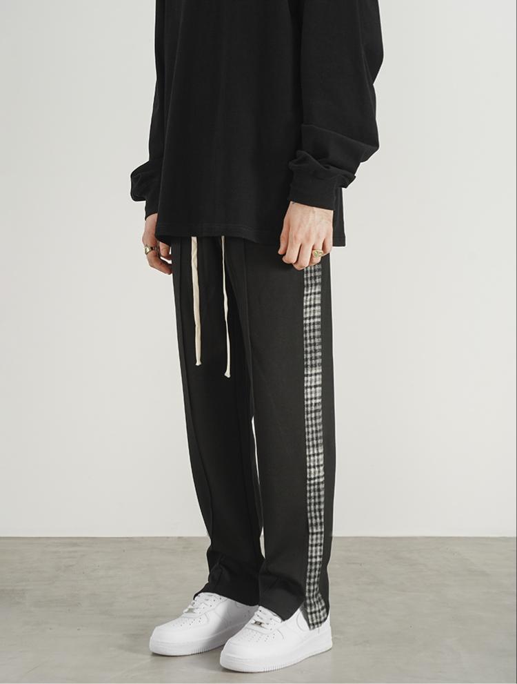 Checked Webbing String Label Straight Slit Sweatpants