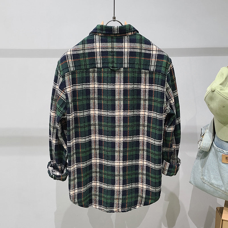 Green Plaid Cotton Long Sleeve Shirt