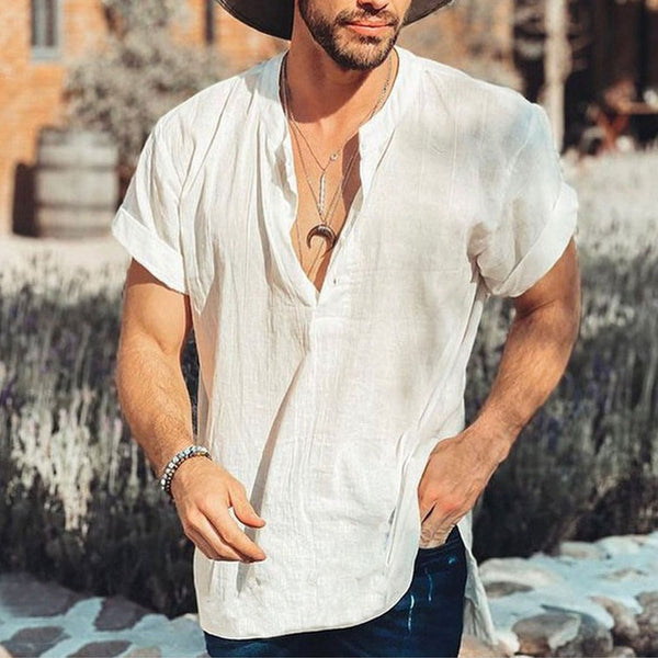 Camisa de lino de algodón simple de manga corta para hombre