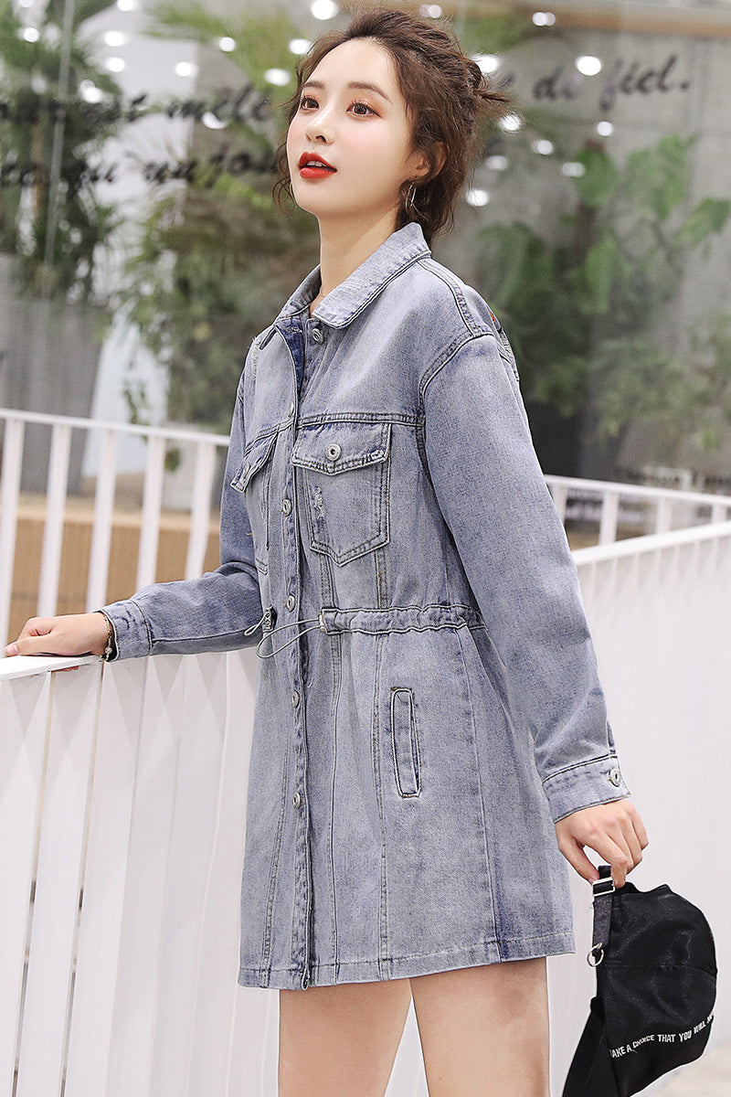 Long Embroidery Spring Denim Jacket