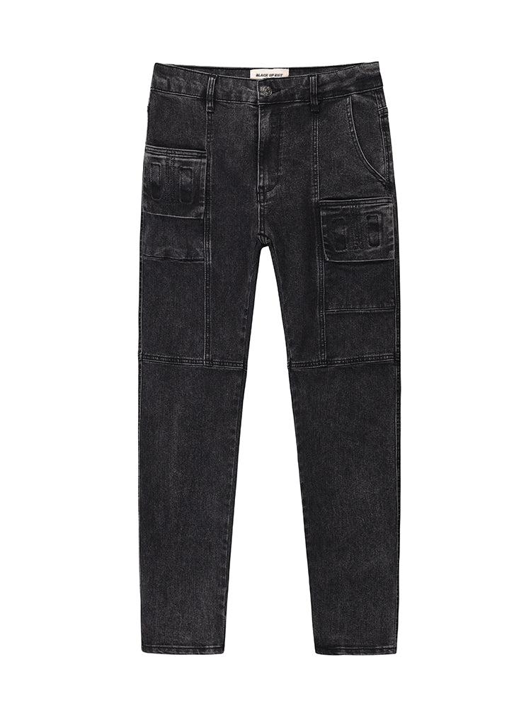 High Street Three-dimensional Pocket Stitching Slim Stretch Jeans Men