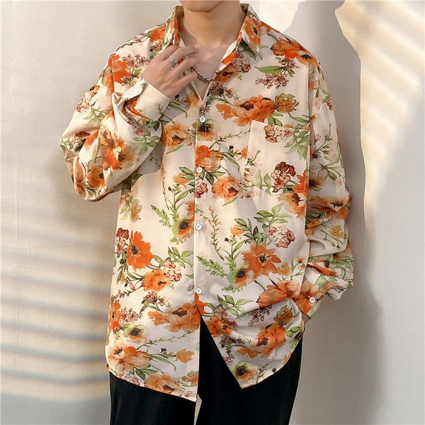 Camisa floral holgada retro de manga larga para hombre