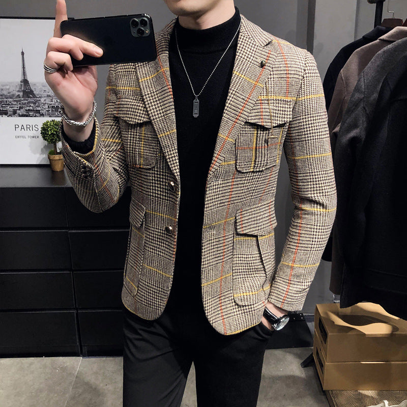 plaid casual men's slim suit jacket