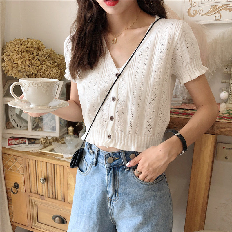 V-Neck Knitted Short Sleeve T-shirt