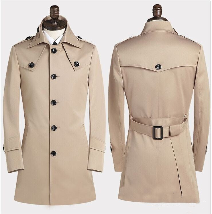 Men's Lapel Trench Coat Slim Single Breasted Medium Length