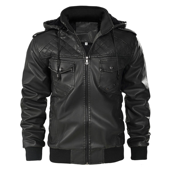 Fleece-lined Men's Autumn And Winter Hooded Leather Jacket