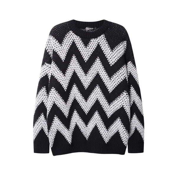 Retro Diamond Plaid Contrast Color Wave Striped Sweater