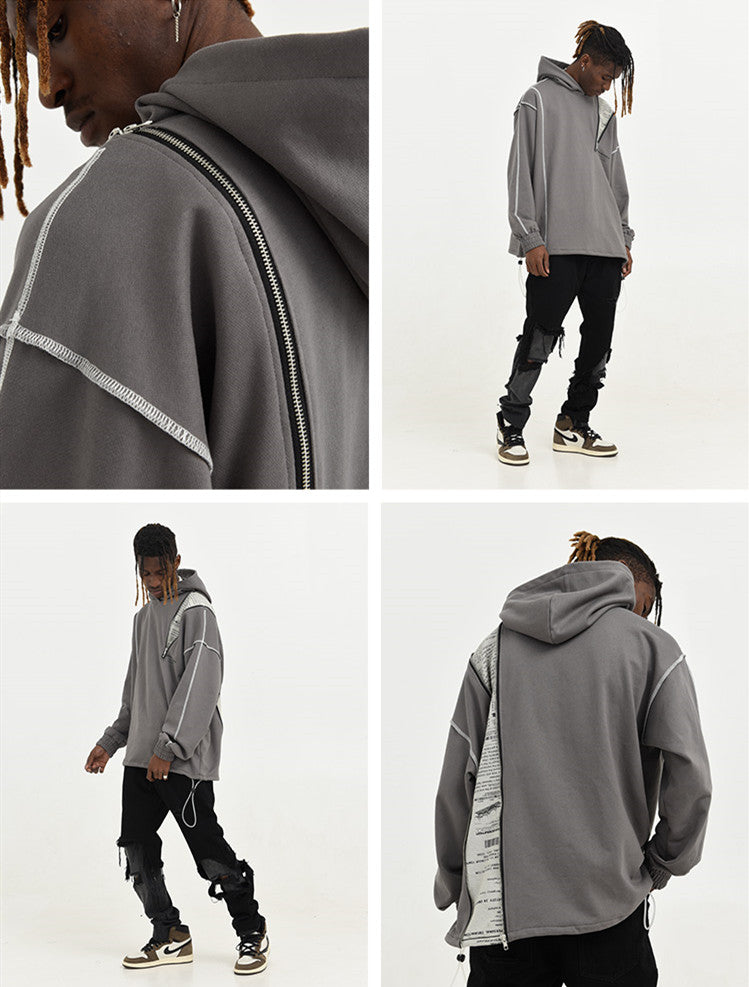 Asymmetrical Zipper Reverse Loose Hooded Sweatshirt