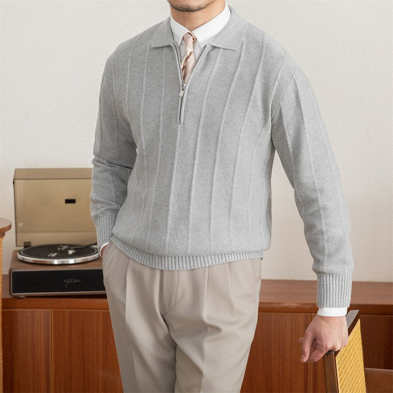 Pleated Elegance Polo Half Zip Knitted Sweater