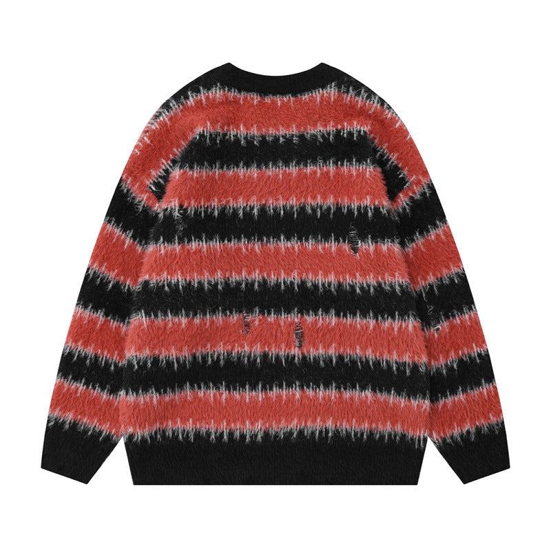 American Contrast Color Striped Loose Sweater