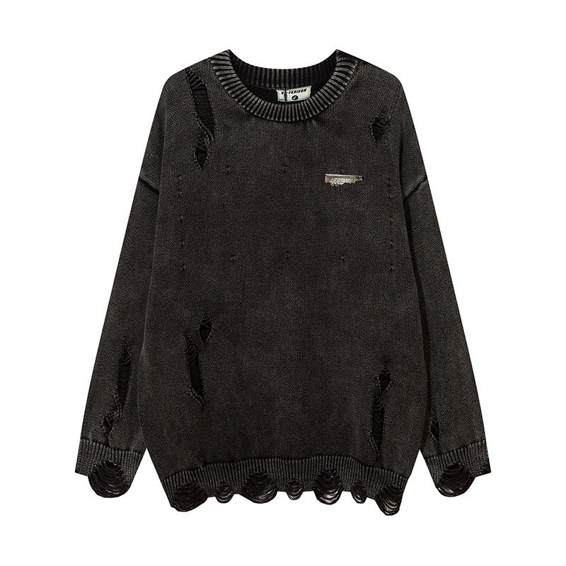 Heavy-duty Washed Old Ripped Round Neck Sweater