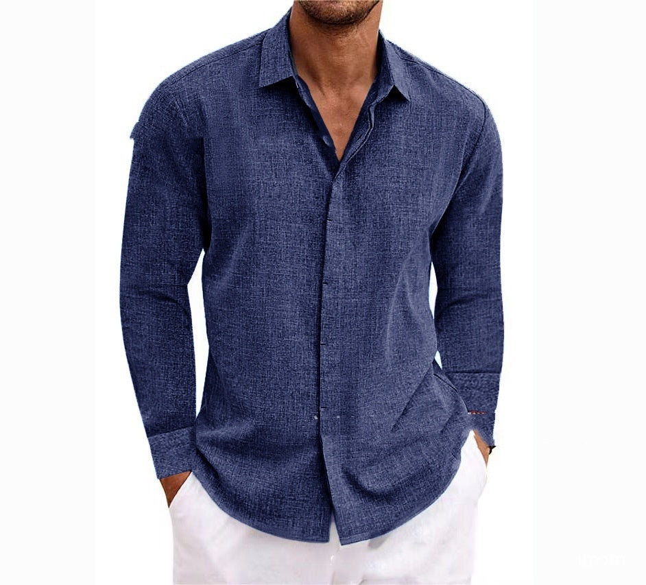 Long Sleeve Solid Color Cotton Linen Shirt Men