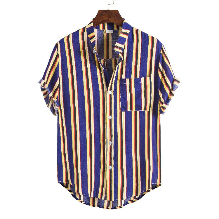 Striped Short Sleeve Casual Stand Collar Shirt