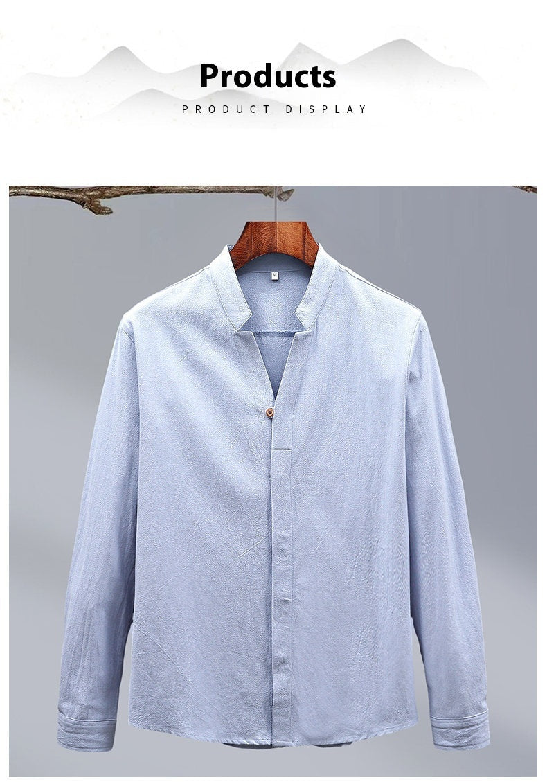 Cotton And Linen Crepe Solid Color Men's Long-sleeved Shirt