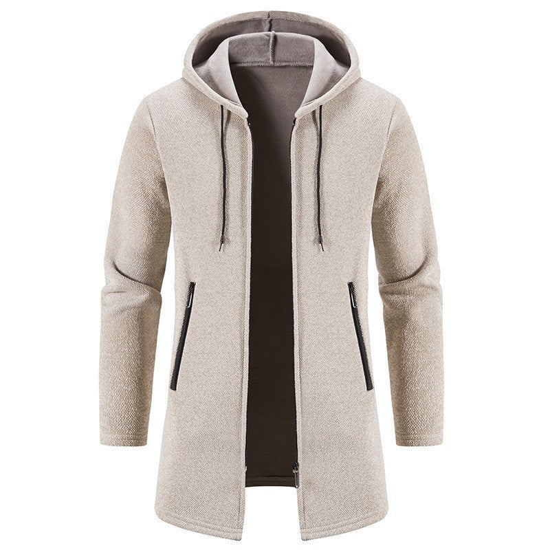 Autumn And Winter Fleece-lined Thickening Solid Color Men's Cardigan Mid-length Hooded Jacket