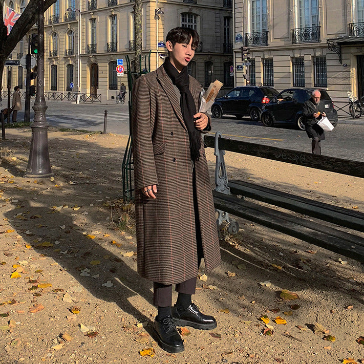 long Woolen Plaid trench Coat men