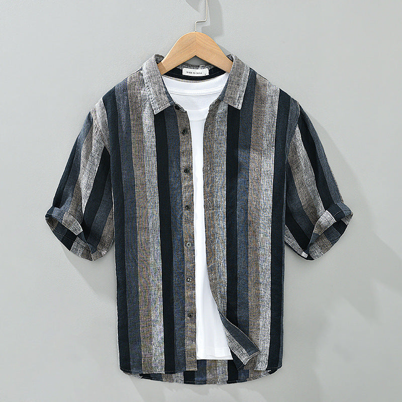 Summer Vintage Yarn-dyed Linen Five-point Sleeve Men's Contrasting Shirt