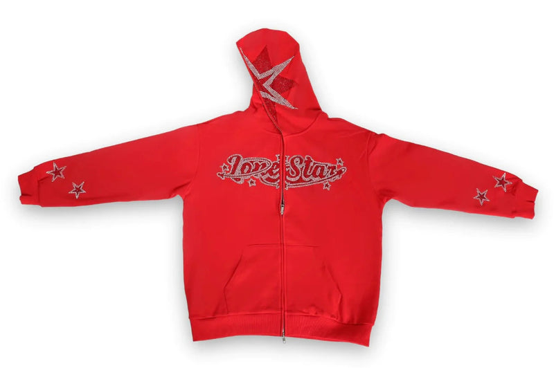 Five-pointed Star Rhinestone Hooded Sweater Zipper Jacket