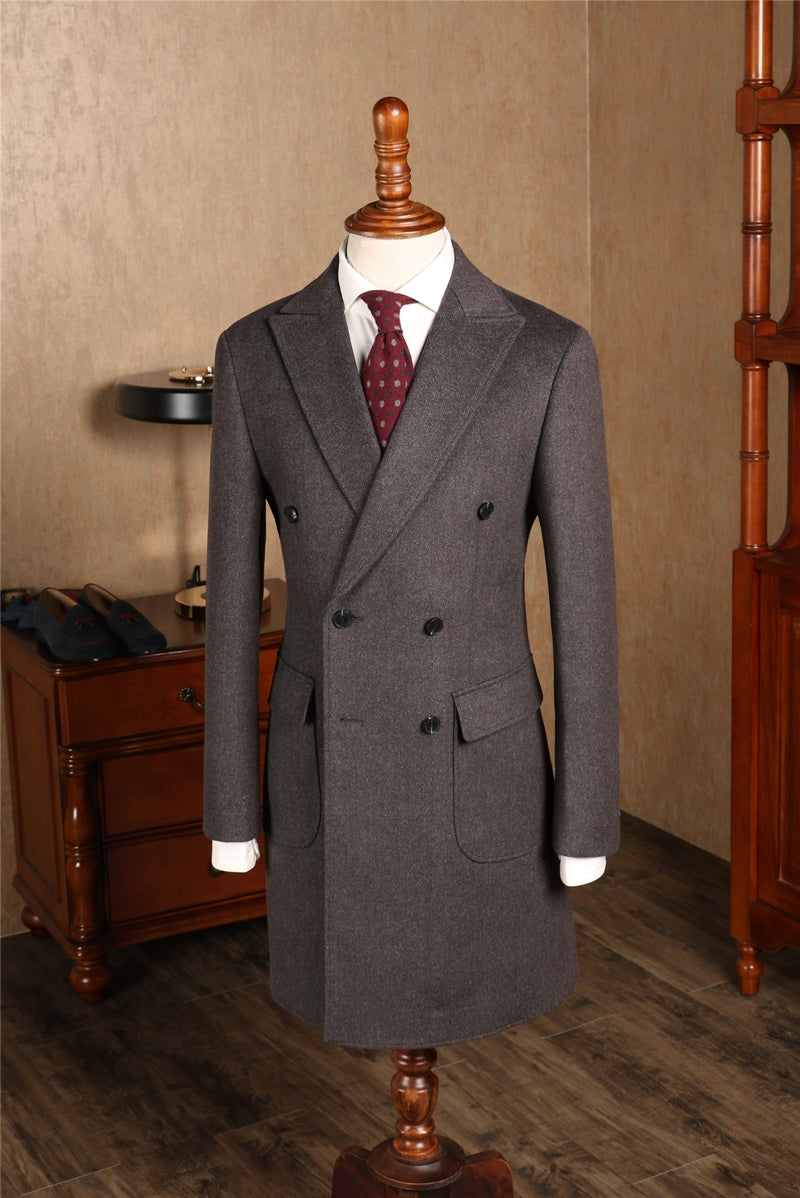 Herringbone Woolen Mid Length Double Breasted trench Coat