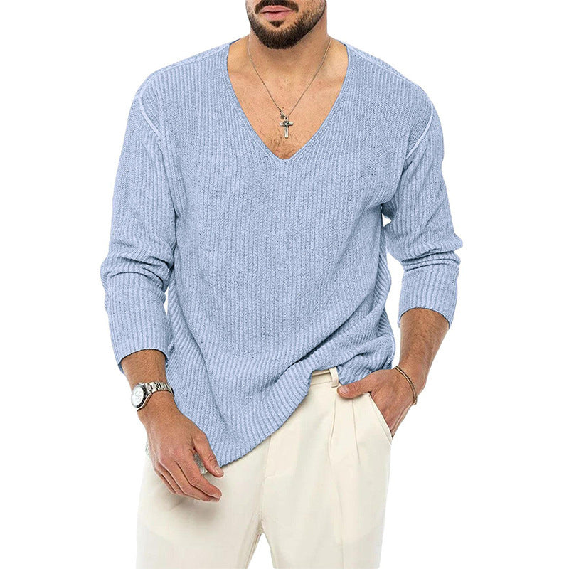 Maglione lavorato a maglia alla moda a maniche lunghe con scollo a V e tinta unita