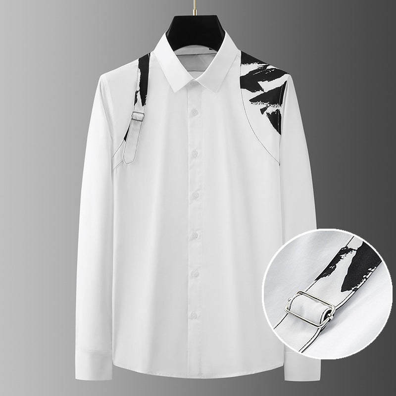 Contrast Color Shoulder Strap Nightclub Slim-fit Shirt For Men